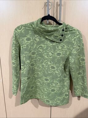 Andria Lieu Light Green Patterned Cowl-Neck Sweater with Button Detail